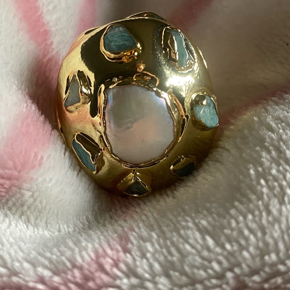 Real Pearl and Amazonite 18k GP Ring
